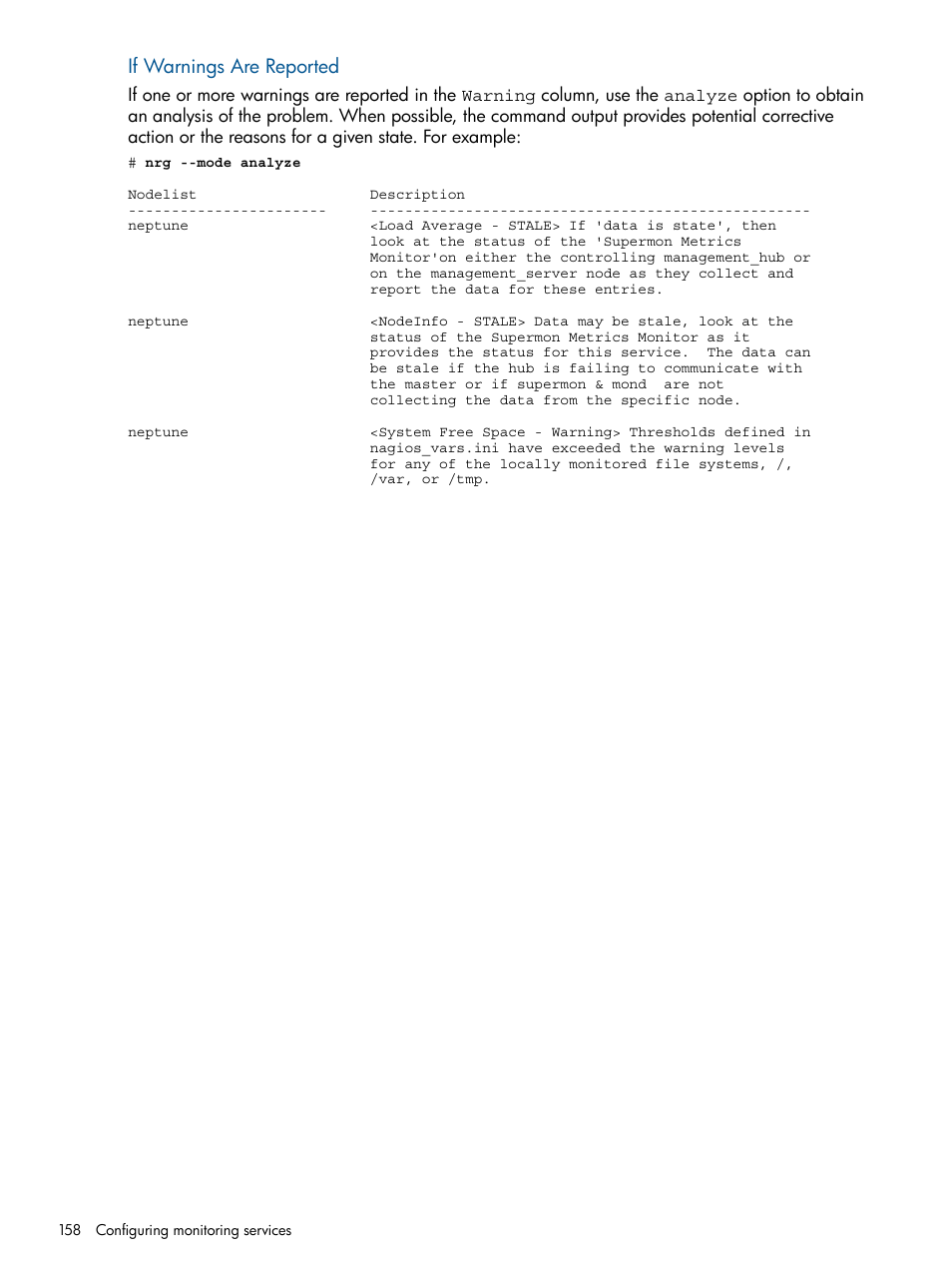 If warnings are reported | HP Insight Control Software for Linux User Manual | Page 158 / 273
