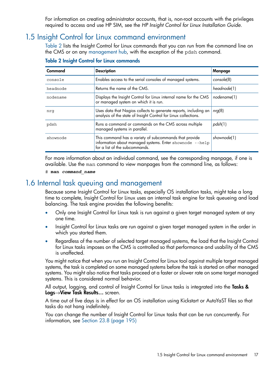 5 insight control for linux command environment, 6 internal task queuing and management | HP Insight Control Software for Linux User Manual | Page 17 / 273