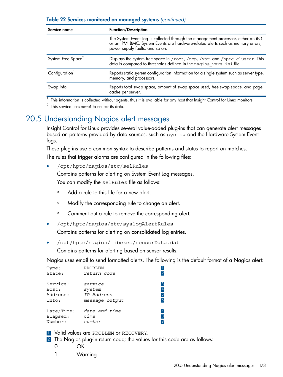 5 understanding nagios alert messages | HP Insight Control Software for Linux User Manual | Page 173 / 273