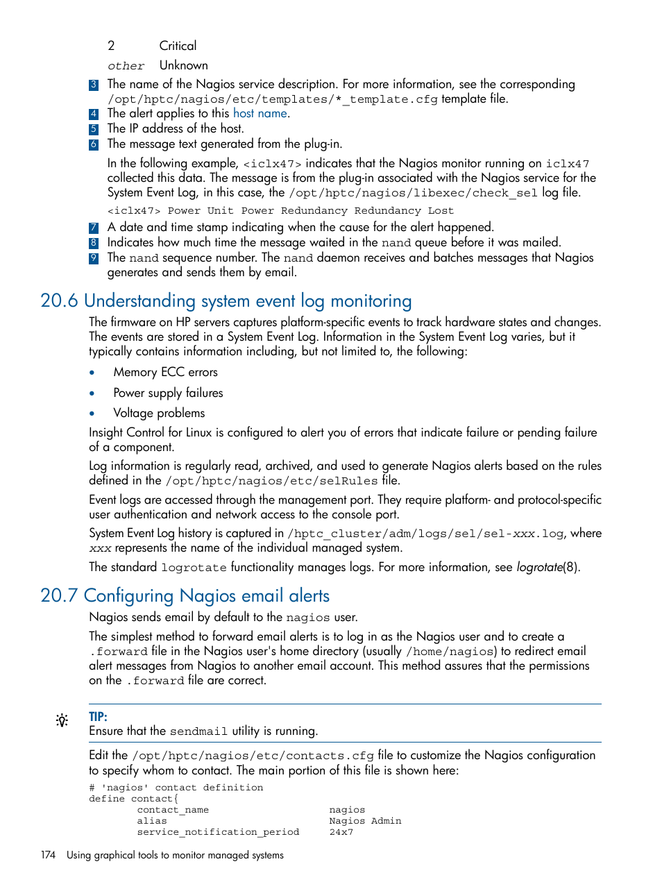 6 understanding system event log monitoring, 7 configuring nagios email alerts | HP Insight Control Software for Linux User Manual | Page 174 / 273