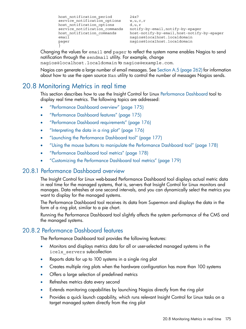 8 monitoring metrics in real time, 1 performance dashboard overview, 2 performance dashboard features | HP Insight Control Software for Linux User Manual | Page 175 / 273