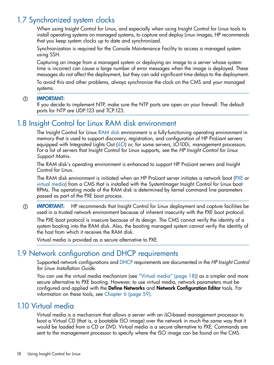 7 synchronized system clocks, 8 insight control for linux ram disk environment, 9 network configuration and dhcp requirements | 10 virtual media | HP Insight Control Software for Linux User Manual | Page 18 / 273