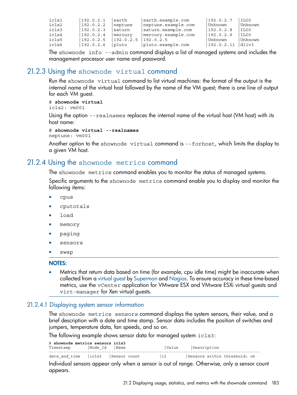 3 using the shownode virtual command, 4 using the shownode metrics command, 1 displaying system sensor information | HP Insight Control Software for Linux User Manual | Page 183 / 273