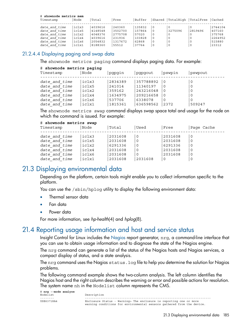 4 displaying paging and swap data, 3 displaying environmental data | HP Insight Control Software for Linux User Manual | Page 185 / 273