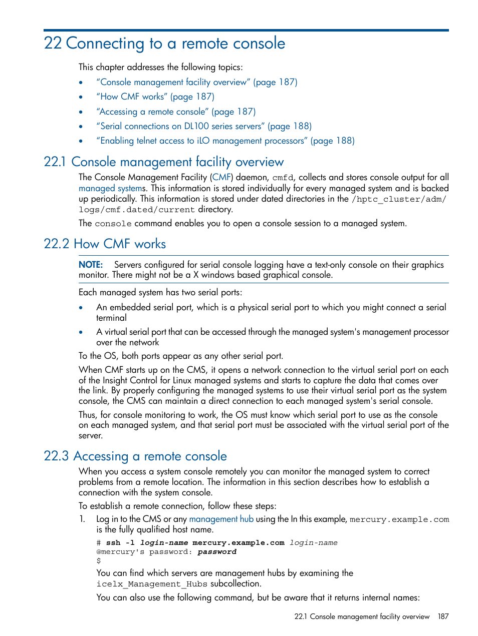 22 connecting to a remote console, 1 console management facility overview, 2 how cmf works | 3 accessing a remote console | HP Insight Control Software for Linux User Manual | Page 187 / 273