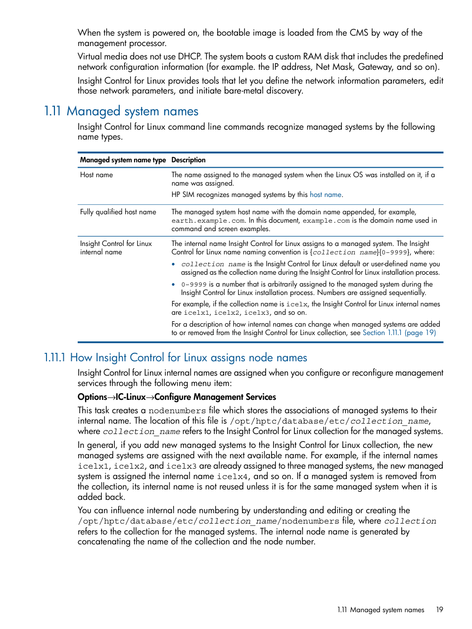 11 managed system names, 1 how insight control for linux assigns node names | HP Insight Control Software for Linux User Manual | Page 19 / 273