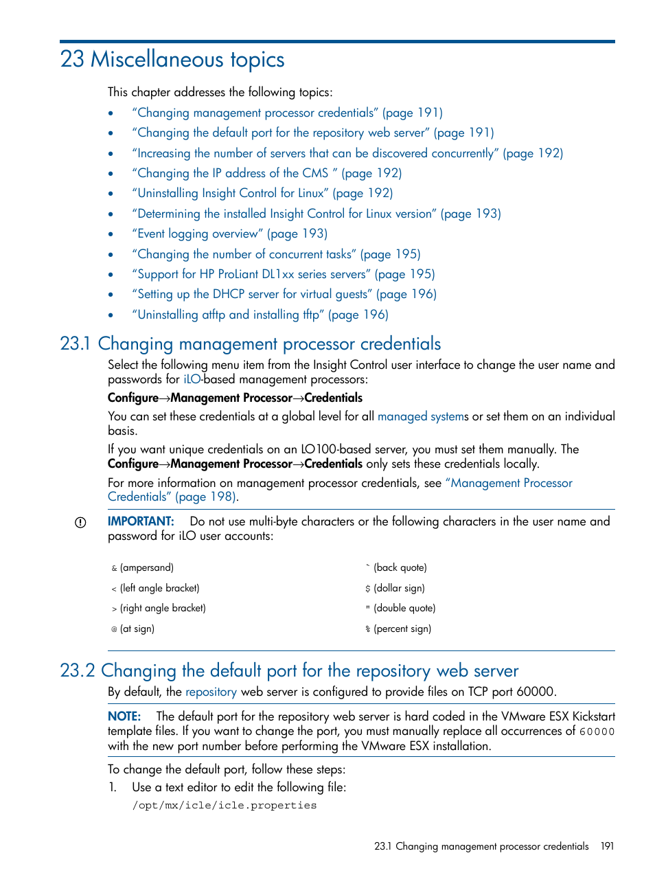 23 miscellaneous topics, 1 changing management processor credentials | HP Insight Control Software for Linux User Manual | Page 191 / 273