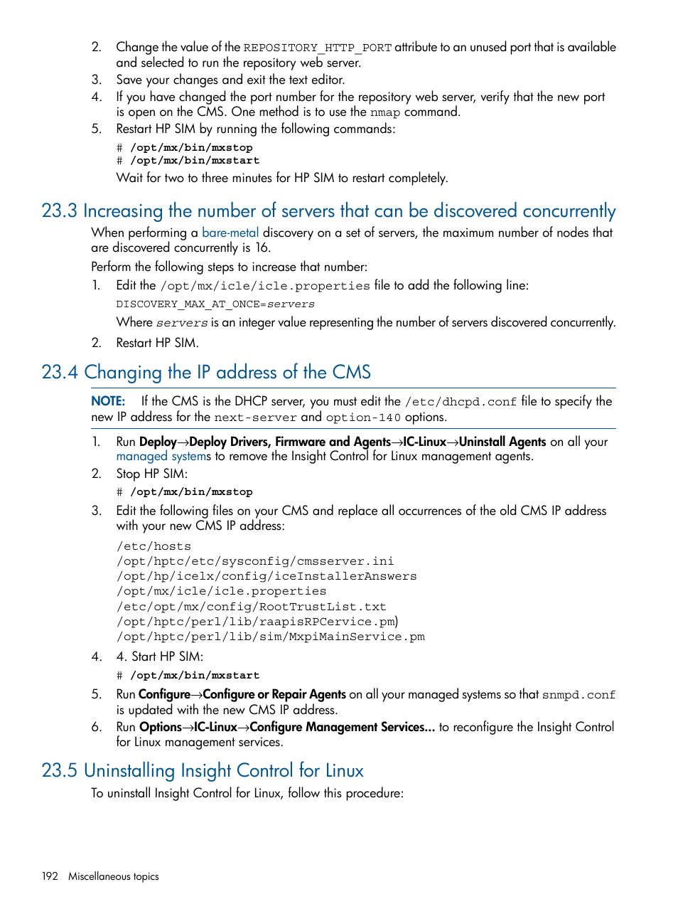 4 changing the ip address of the cms, 5 uninstalling insight control for linux | HP Insight Control Software for Linux User Manual | Page 192 / 273