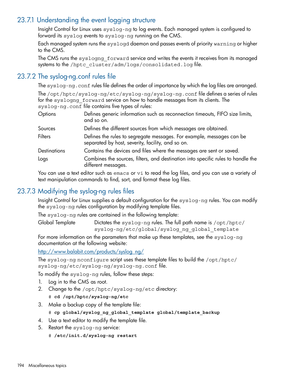 1 understanding the event logging structure, 2 the syslog-ng.conf rules file, 3 modifying the syslog-ng rules files | HP Insight Control Software for Linux User Manual | Page 194 / 273