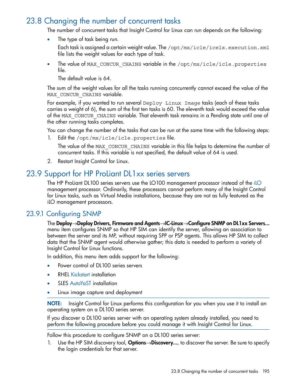 8 changing the number of concurrent tasks, 9 support for hp proliant dl1xx series servers, 1 configuring snmp | HP Insight Control Software for Linux User Manual | Page 195 / 273