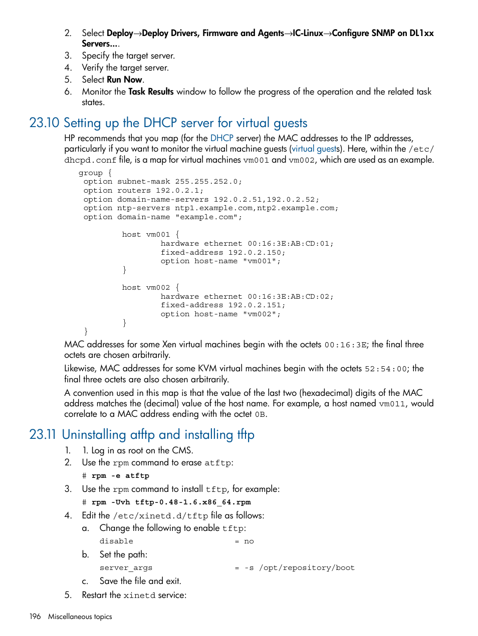 10 setting up the dhcp server for virtual guests, 11 uninstalling atftp and installing tftp | HP Insight Control Software for Linux User Manual | Page 196 / 273