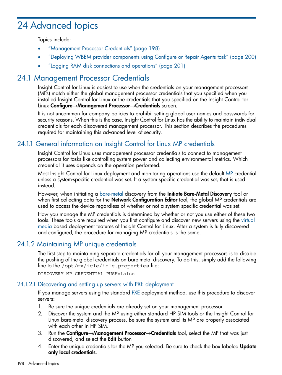 24 advanced topics, 1 management processor credentials, 2 maintaining mp unique credentials | Management processor, Management | HP Insight Control Software for Linux User Manual | Page 198 / 273