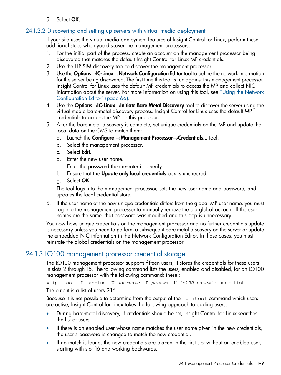 3 lo100 management processor credential storage | HP Insight Control Software for Linux User Manual | Page 199 / 273