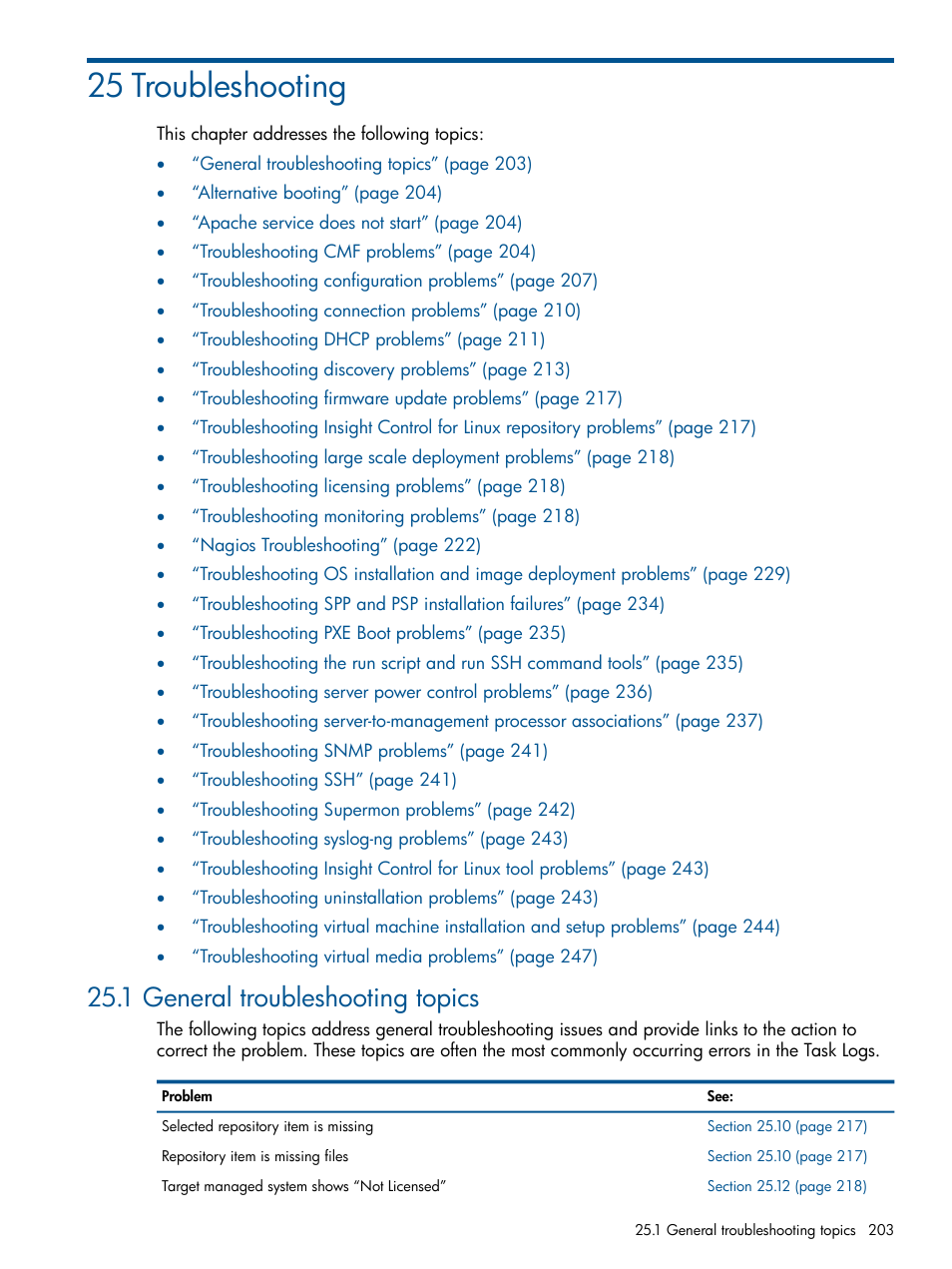 25 troubleshooting, 1 general troubleshooting topics | HP Insight Control Software for Linux User Manual | Page 203 / 273