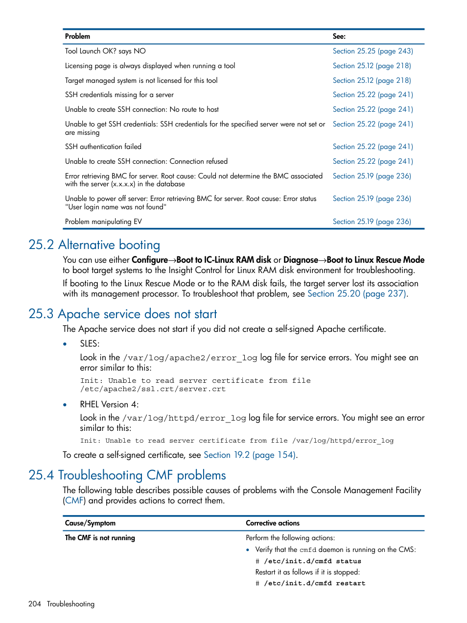 2 alternative booting, 3 apache service does not start, 4 troubleshooting cmf problems | HP Insight Control Software for Linux User Manual | Page 204 / 273