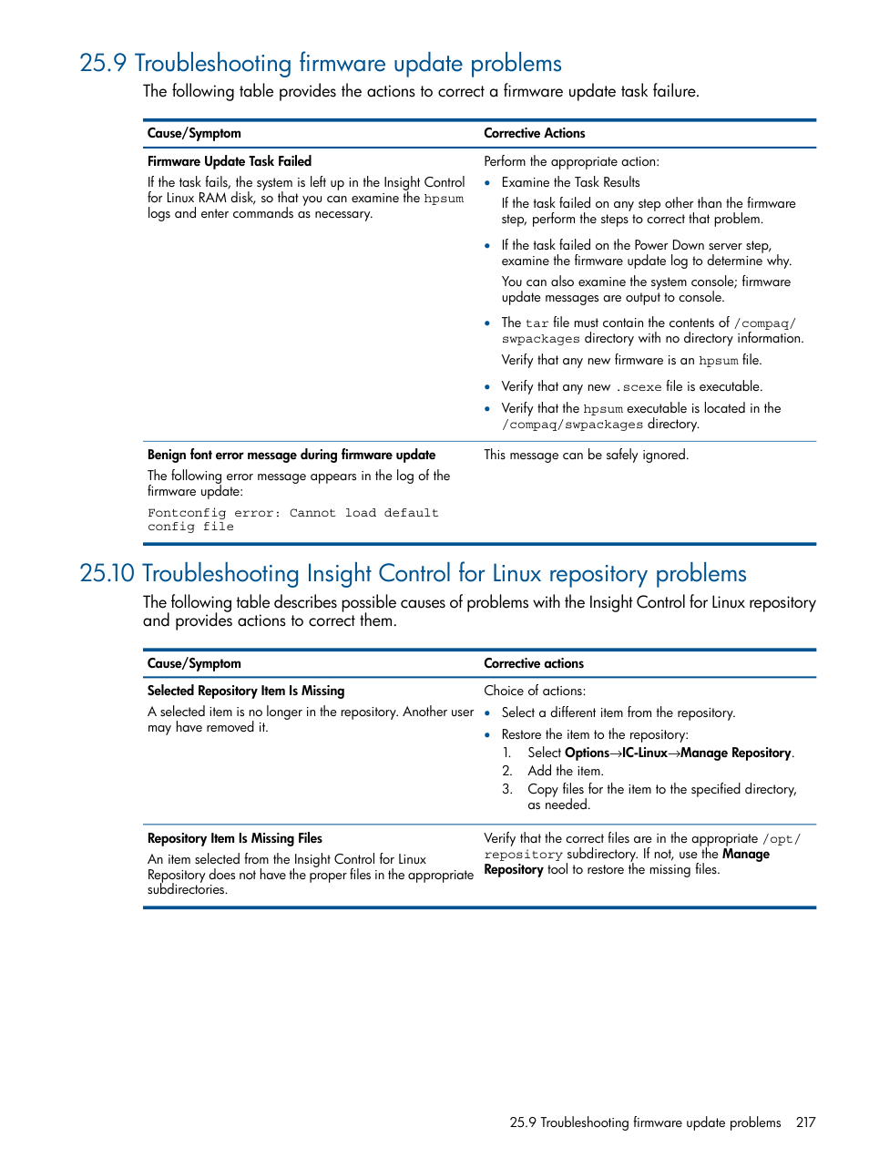 9 troubleshooting firmware update problems | HP Insight Control Software for Linux User Manual | Page 217 / 273