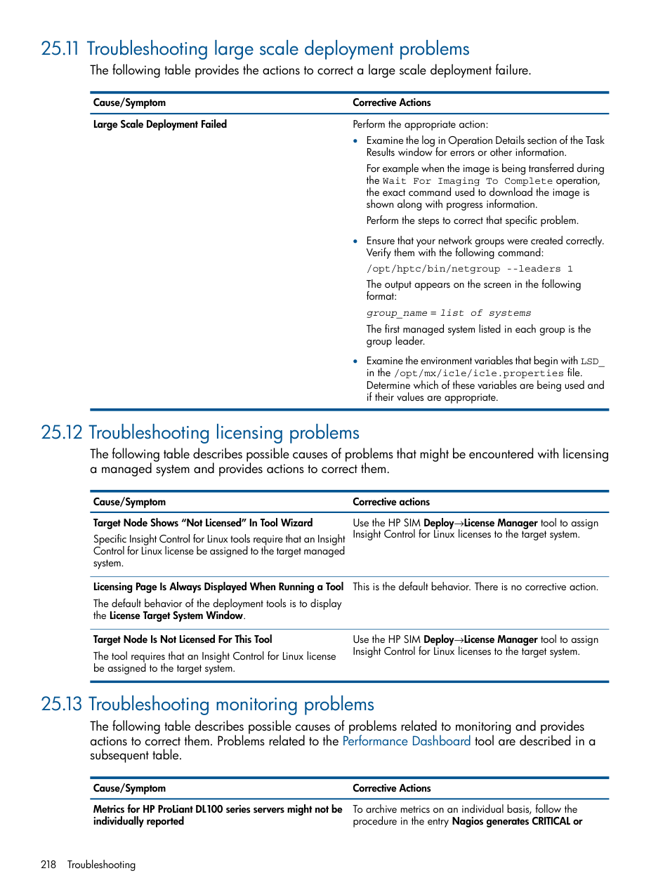 11 troubleshooting large scale deployment problems, 12 troubleshooting licensing problems, 13 troubleshooting monitoring problems | HP Insight Control Software for Linux User Manual | Page 218 / 273