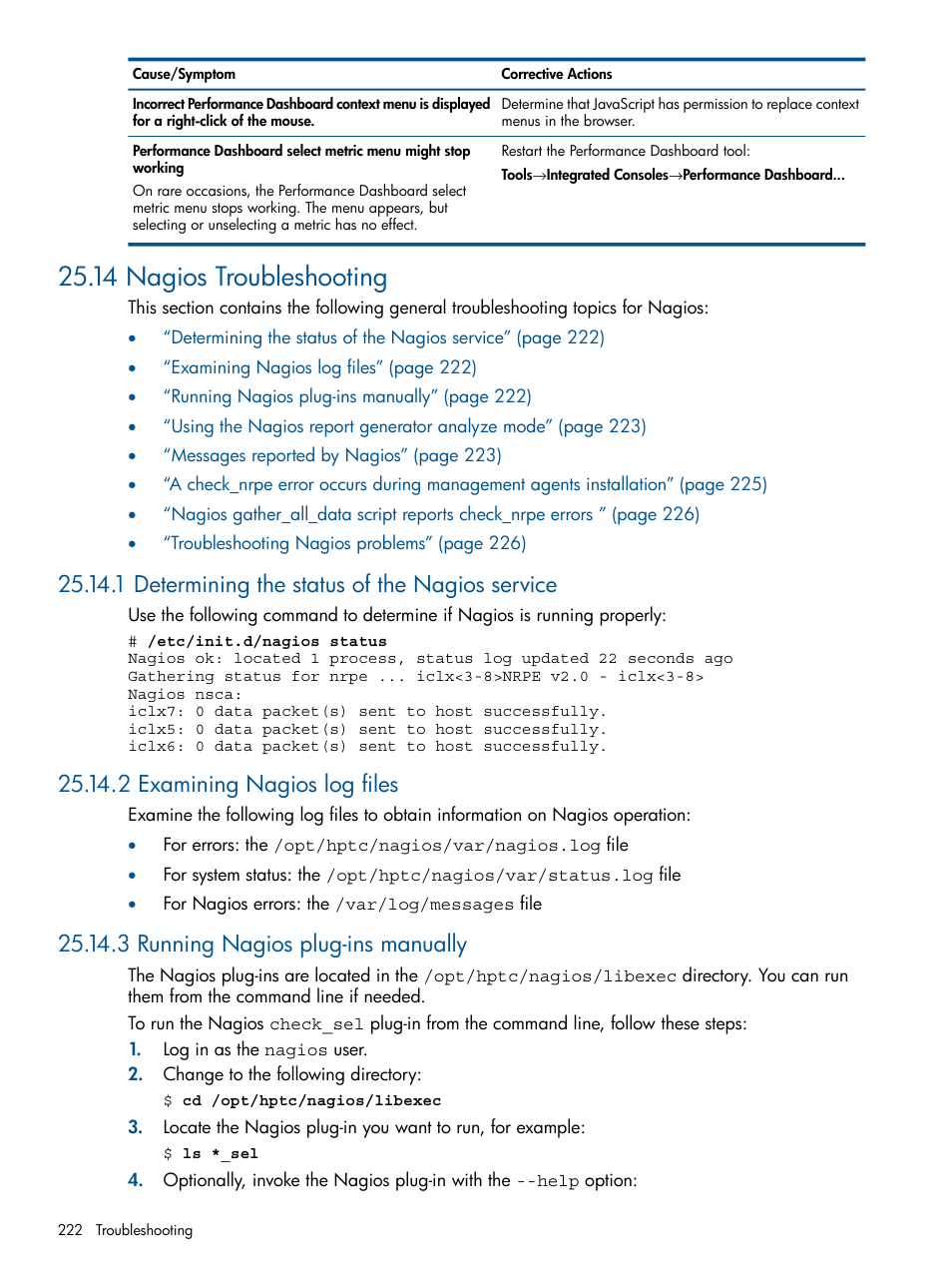 14 nagios troubleshooting, 1 determining the status of the nagios service, 2 examining nagios log files | 3 running nagios plug-ins manually | HP Insight Control Software for Linux User Manual | Page 222 / 273