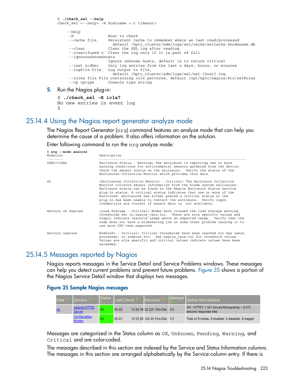 4 using the nagios report generator analyze mode, 5 messages reported by nagios | HP Insight Control Software for Linux User Manual | Page 223 / 273