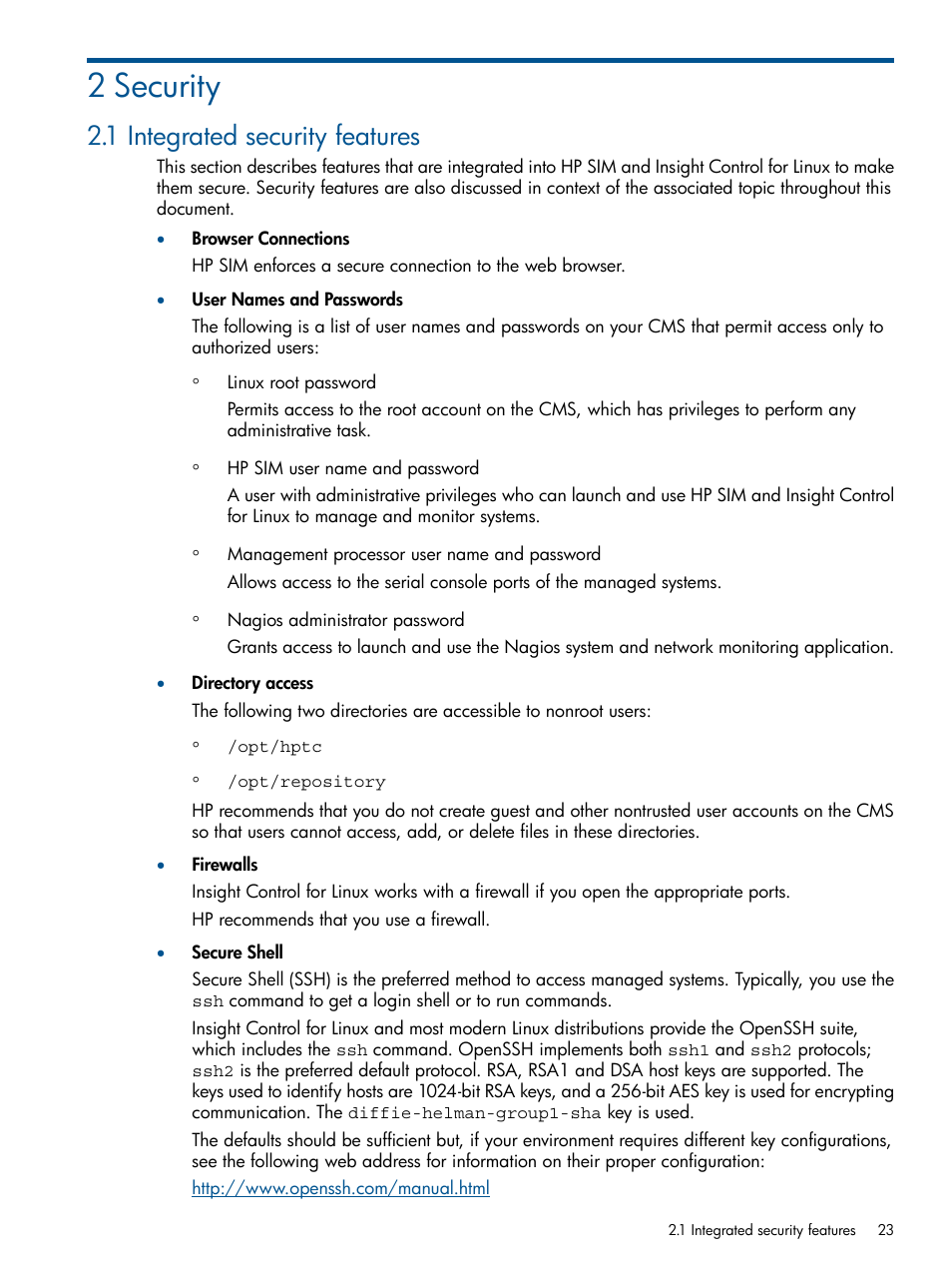 2 security, 1 integrated security features | HP Insight Control Software for Linux User Manual | Page 23 / 273