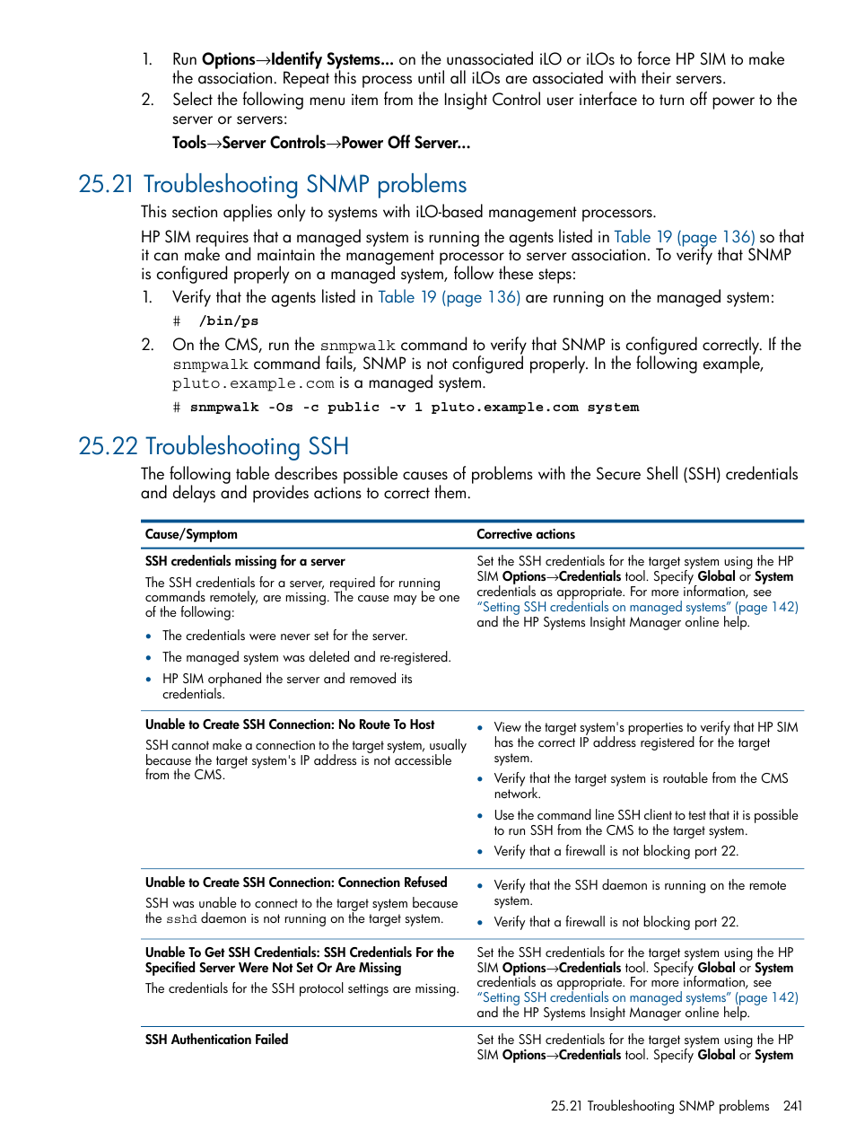 21 troubleshooting snmp problems, 22 troubleshooting ssh | HP Insight Control Software for Linux User Manual | Page 241 / 273