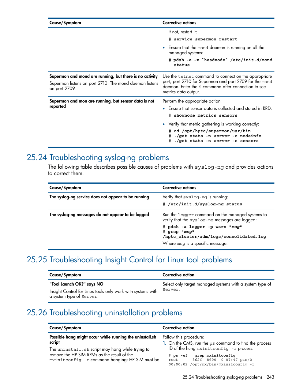 24 troubleshooting syslog-ng problems, 26 troubleshooting uninstallation problems | HP Insight Control Software for Linux User Manual | Page 243 / 273