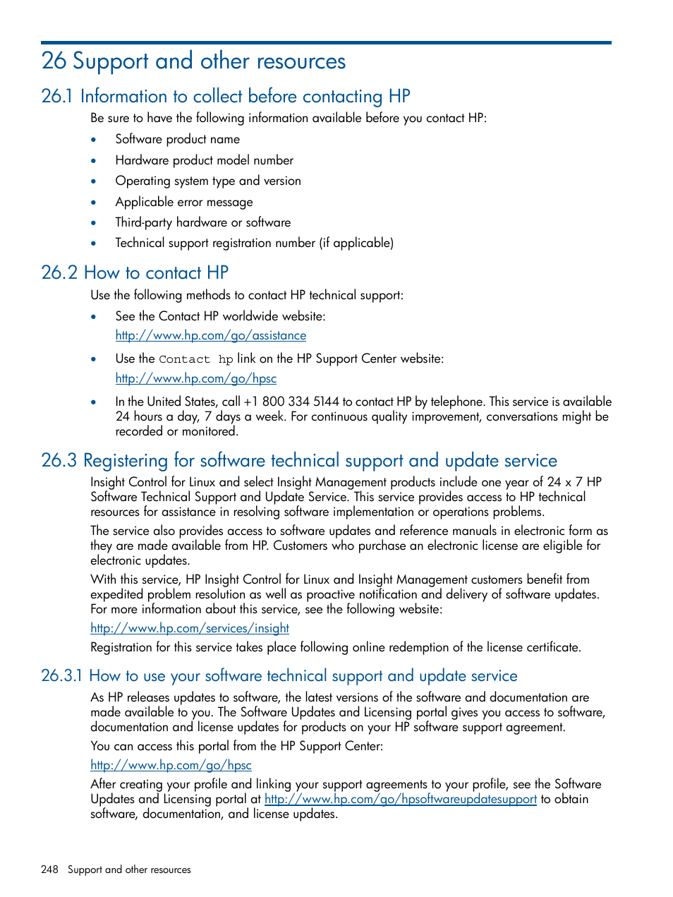 26 support and other resources, 1 information to collect before contacting hp, 2 how to contact hp | HP Insight Control Software for Linux User Manual | Page 248 / 273