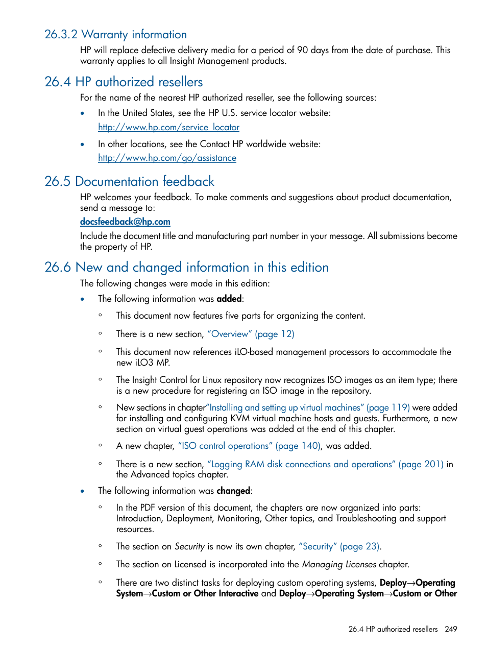 2 warranty information, 4 hp authorized resellers, 5 documentation feedback | 6 new and changed information in this edition | HP Insight Control Software for Linux User Manual | Page 249 / 273