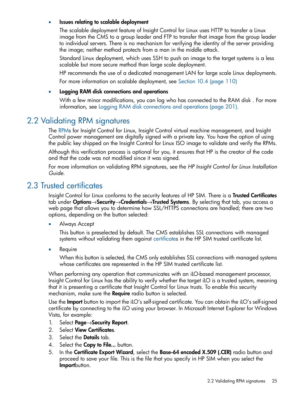 2 validating rpm signatures, 3 trusted certificates | HP Insight Control Software for Linux User Manual | Page 25 / 273