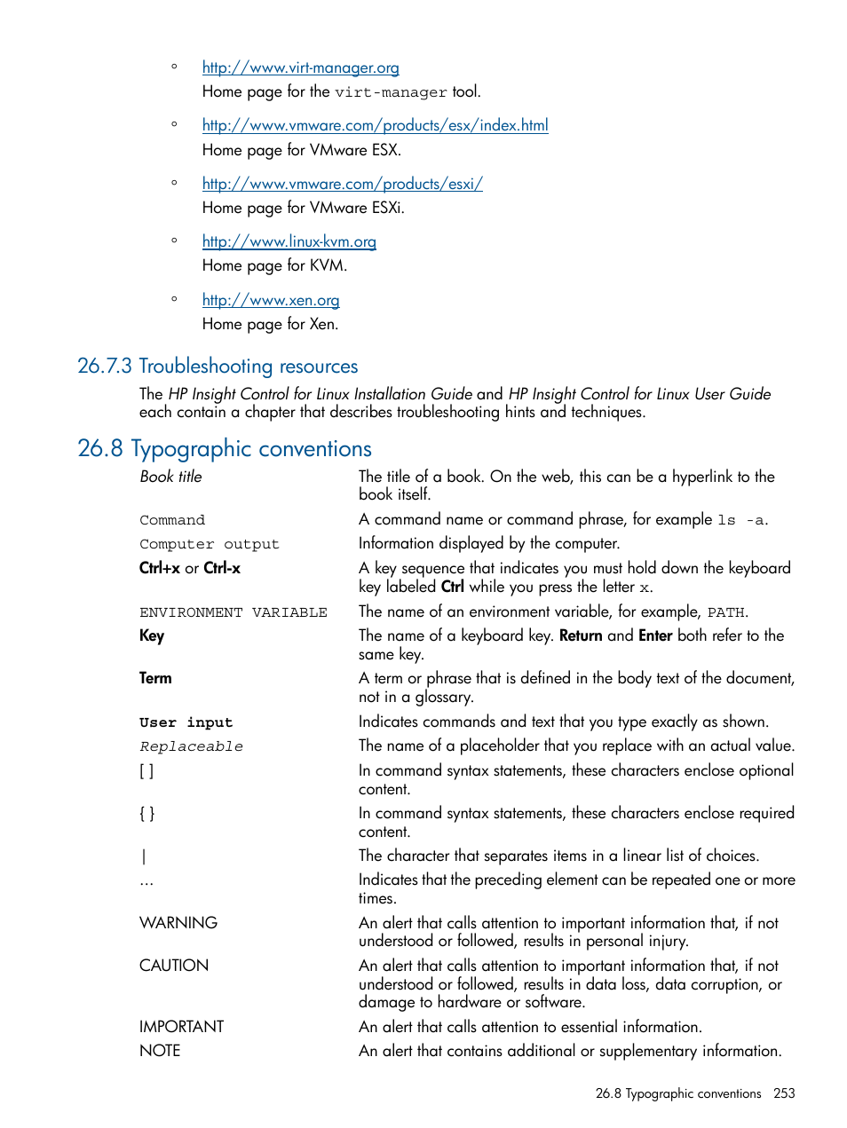 3 troubleshooting resources, 8 typographic conventions | HP Insight Control Software for Linux User Manual | Page 253 / 273