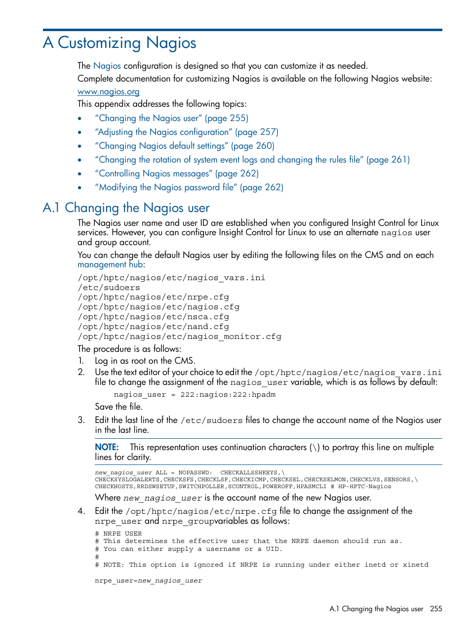 A customizing nagios, A.1 changing the nagios user | HP Insight Control Software for Linux User Manual | Page 255 / 273