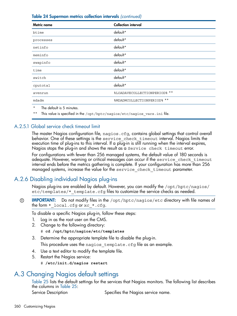 A.2.5.1 global service check timeout limit, A.2.6 disabling individual nagios plug-ins, A.3 changing nagios default settings | HP Insight Control Software for Linux User Manual | Page 260 / 273