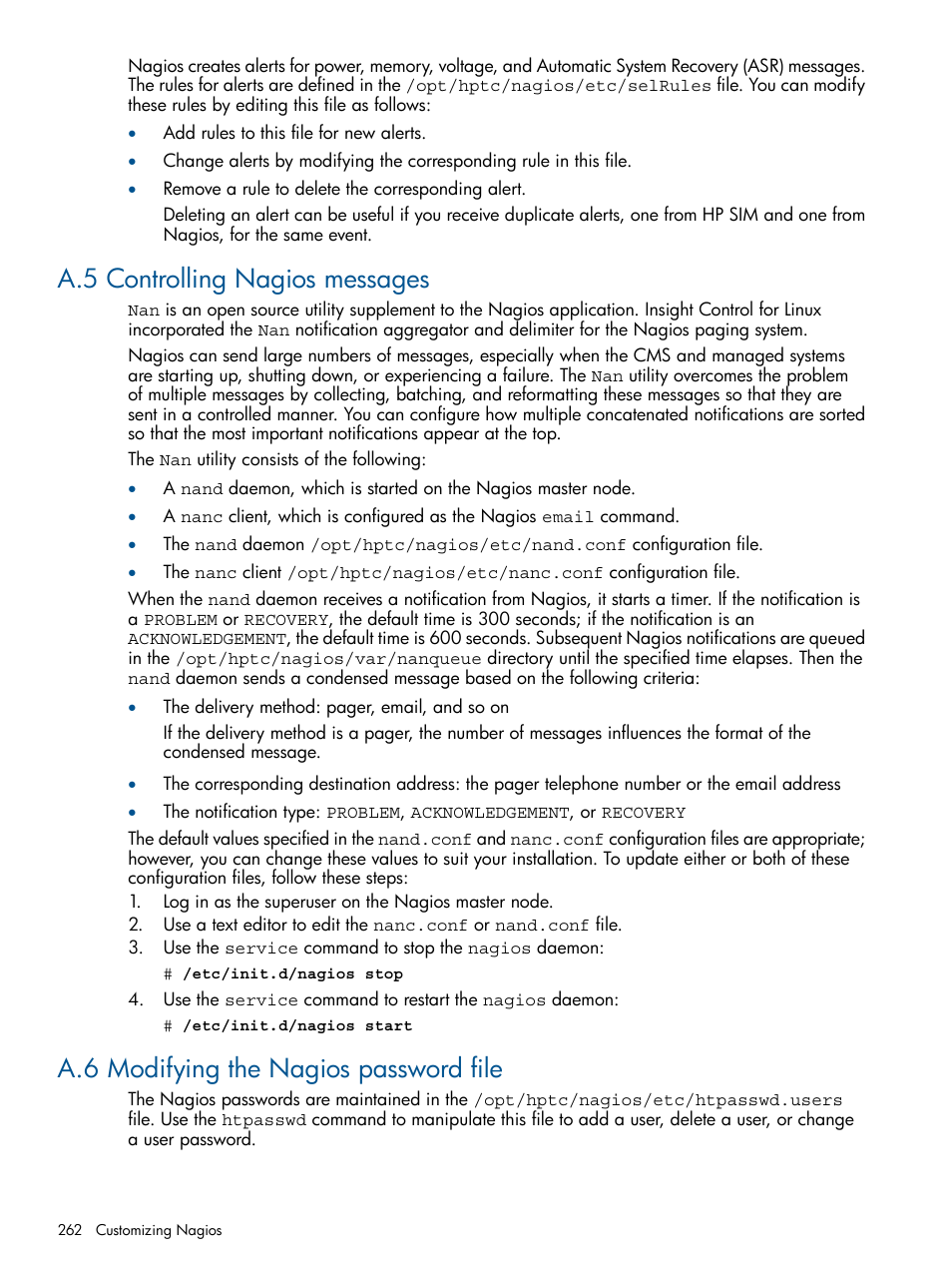 A.5 controlling nagios messages, A.6 modifying the nagios password file | HP Insight Control Software for Linux User Manual | Page 262 / 273