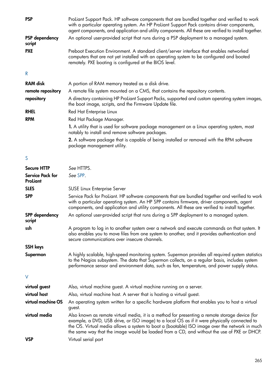 Supermon, Virtual media, Virtual | Media, Repository, Ram disk, Remote repository, Psp dependency script, Spp dependency script, Virtual host | HP Insight Control Software for Linux User Manual | Page 265 / 273