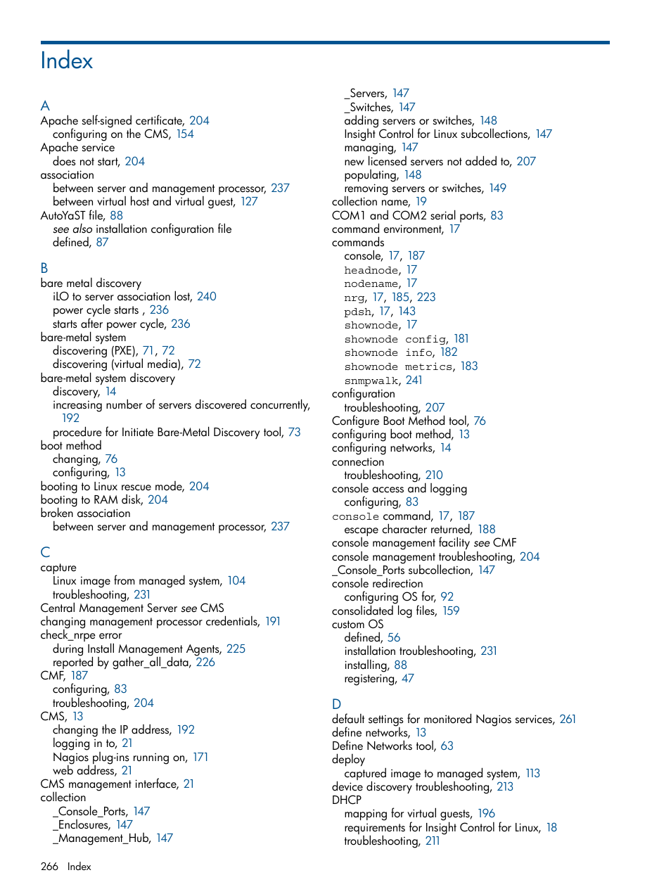 Index | HP Insight Control Software for Linux User Manual | Page 266 / 273