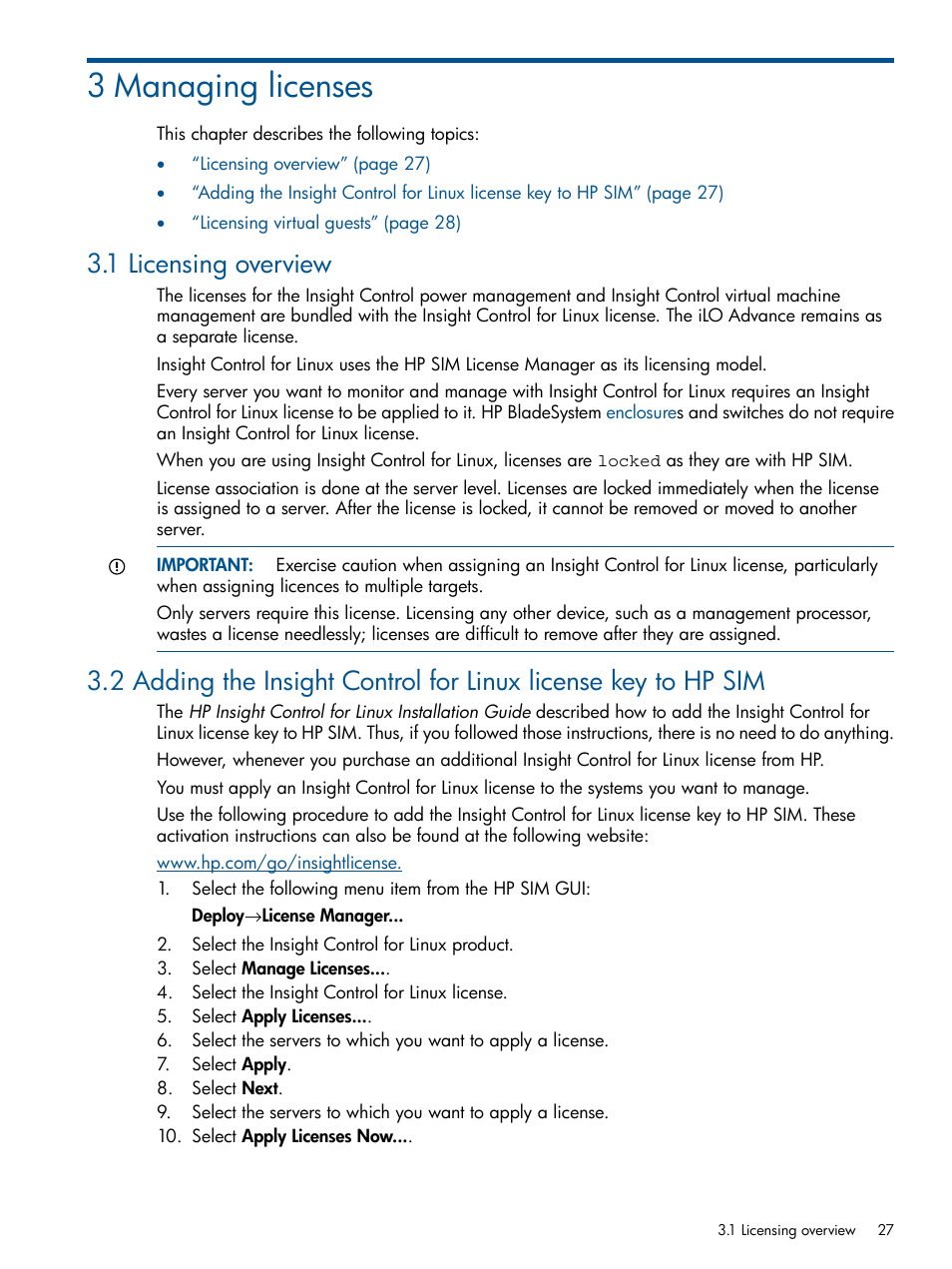 3 managing licenses, 1 licensing overview | HP Insight Control Software for Linux User Manual | Page 27 / 273