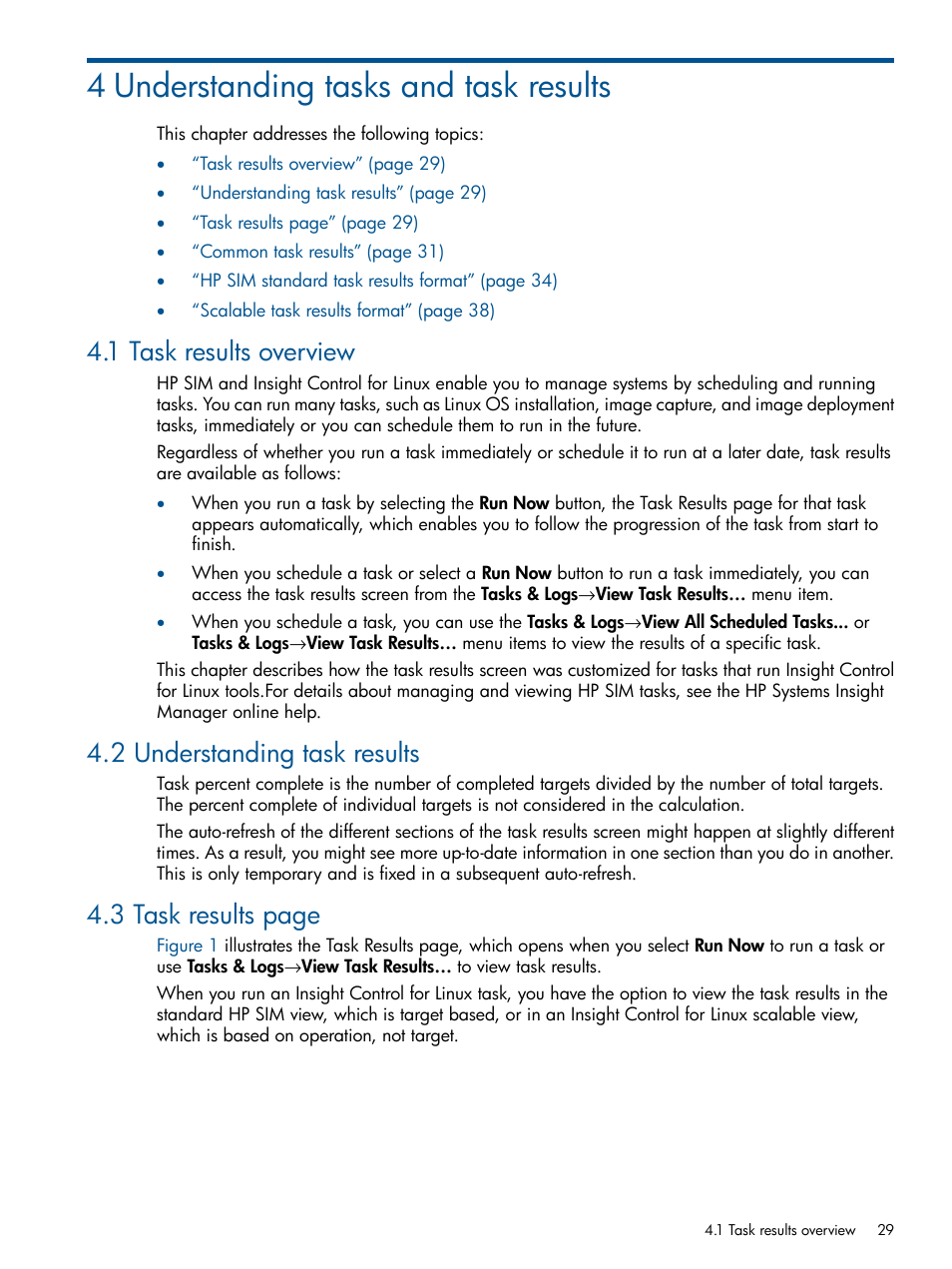 4 understanding tasks and task results, 1 task results overview, 2 understanding task results | 3 task results page | HP Insight Control Software for Linux User Manual | Page 29 / 273