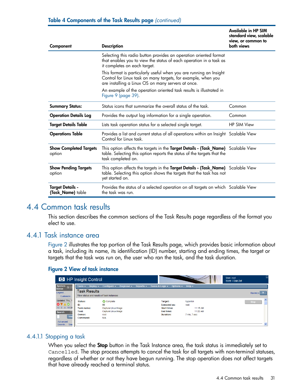 4 common task results, 1 task instance area, 1 stopping a task | HP Insight Control Software for Linux User Manual | Page 31 / 273