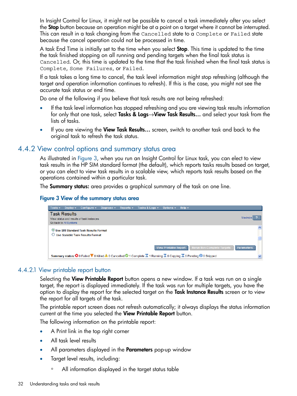 2 view control options and summary status area, 1 view printable report button | HP Insight Control Software for Linux User Manual | Page 32 / 273