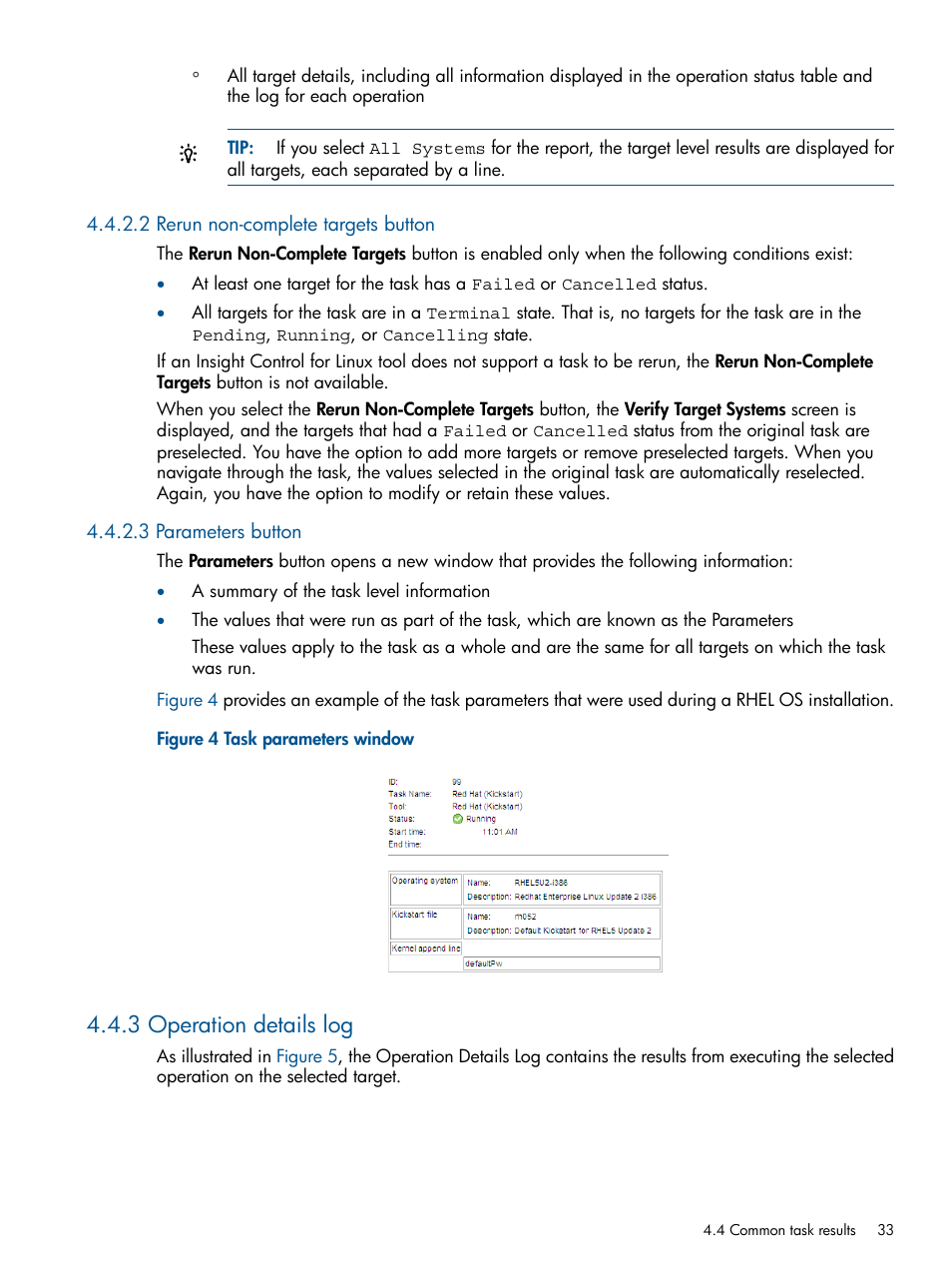 2 rerun non-complete targets button, 3 parameters button, 3 operation details log | HP Insight Control Software for Linux User Manual | Page 33 / 273