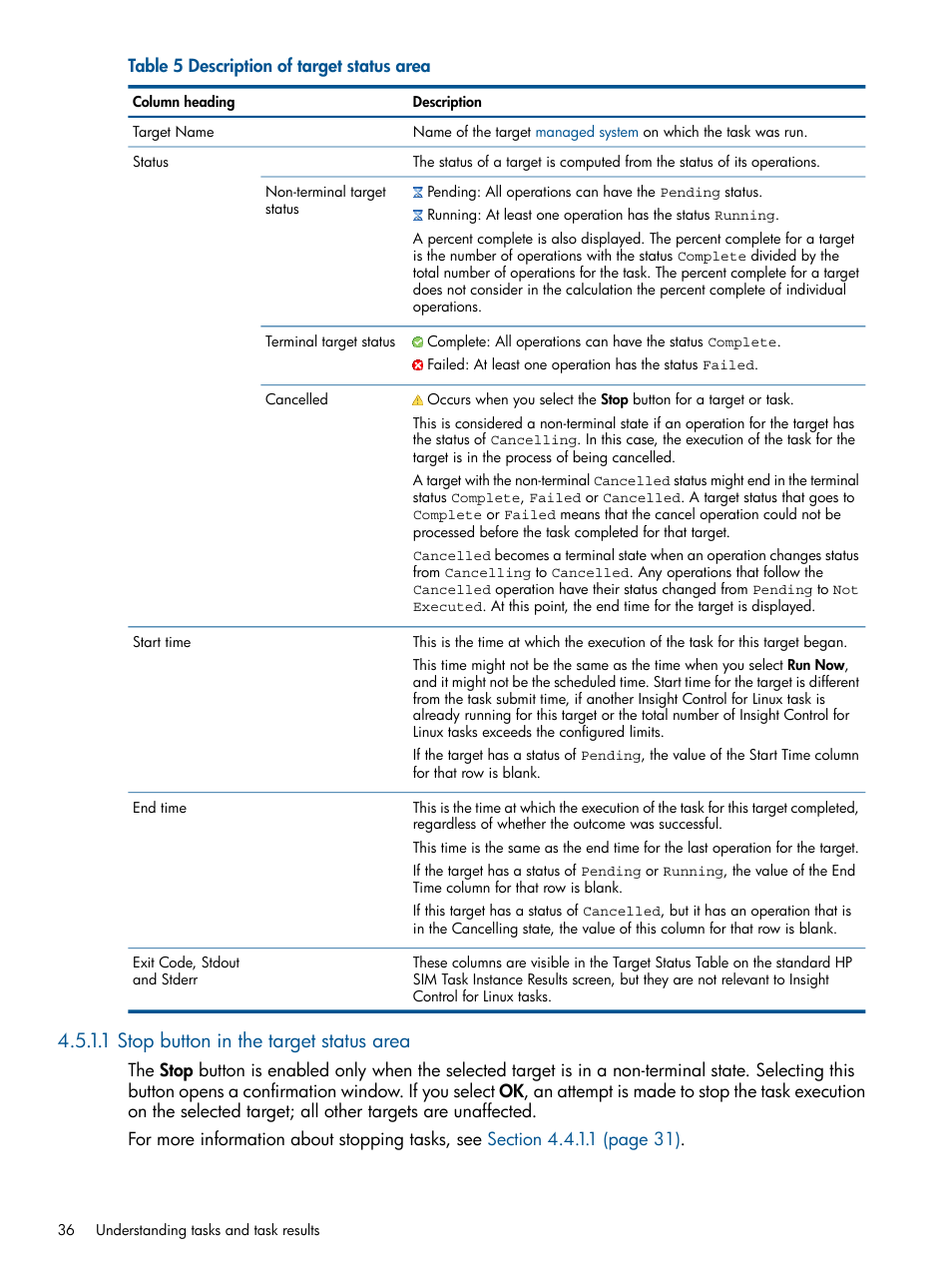 1 stop button in the target status area | HP Insight Control Software for Linux User Manual | Page 36 / 273