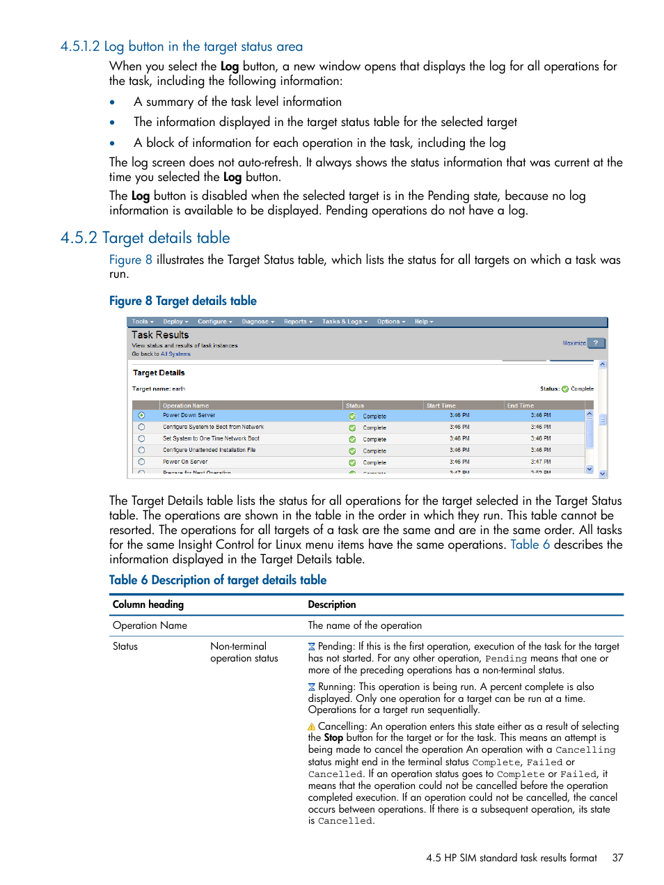 2 log button in the target status area, 2 target details table | HP Insight Control Software for Linux User Manual | Page 37 / 273