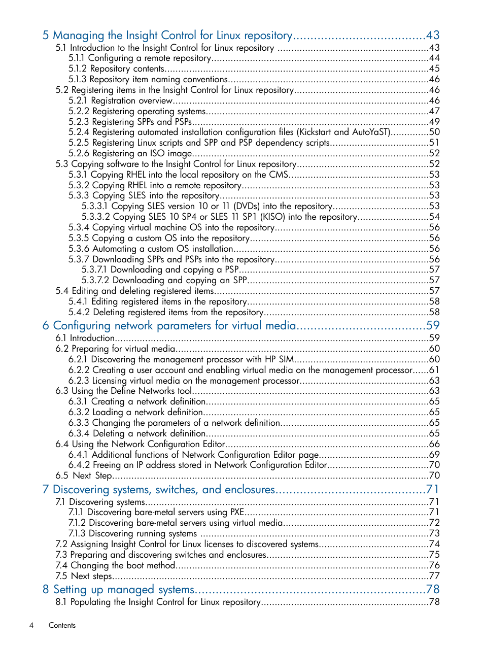 6 configuring network parameters for virtual media, 7 discovering systems, switches, and enclosures, 8 setting up managed systems | HP Insight Control Software for Linux User Manual | Page 4 / 273