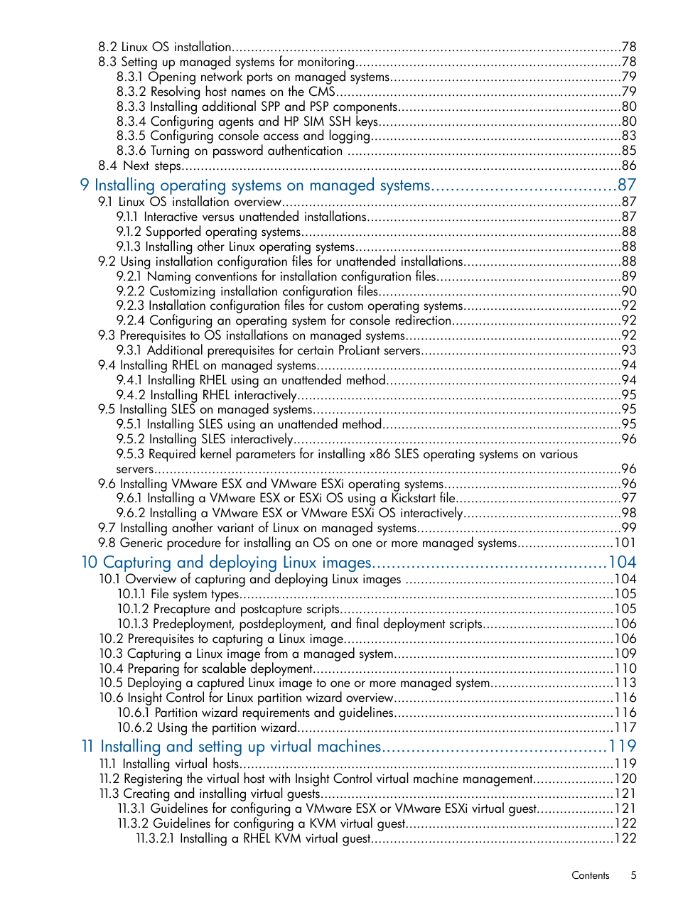 9 installing operating systems on managed systems, 10 capturing and deploying linux images, 11 installing and setting up virtual machines | HP Insight Control Software for Linux User Manual | Page 5 / 273