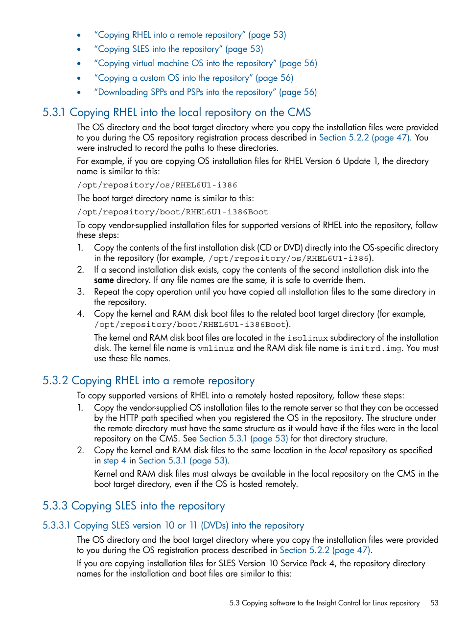 2 copying rhel into a remote repository, 3 copying sles into the repository | HP Insight Control Software for Linux User Manual | Page 53 / 273