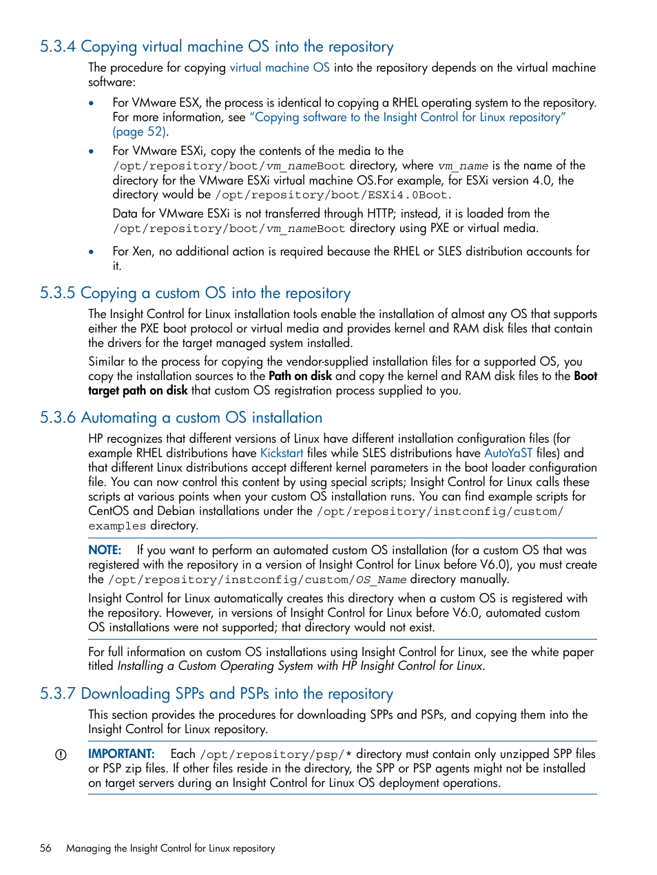 4 copying virtual machine os into the repository, 5 copying a custom os into the repository, 6 automating a custom os installation | 7 downloading spps and psps into the repository | HP Insight Control Software for Linux User Manual | Page 56 / 273