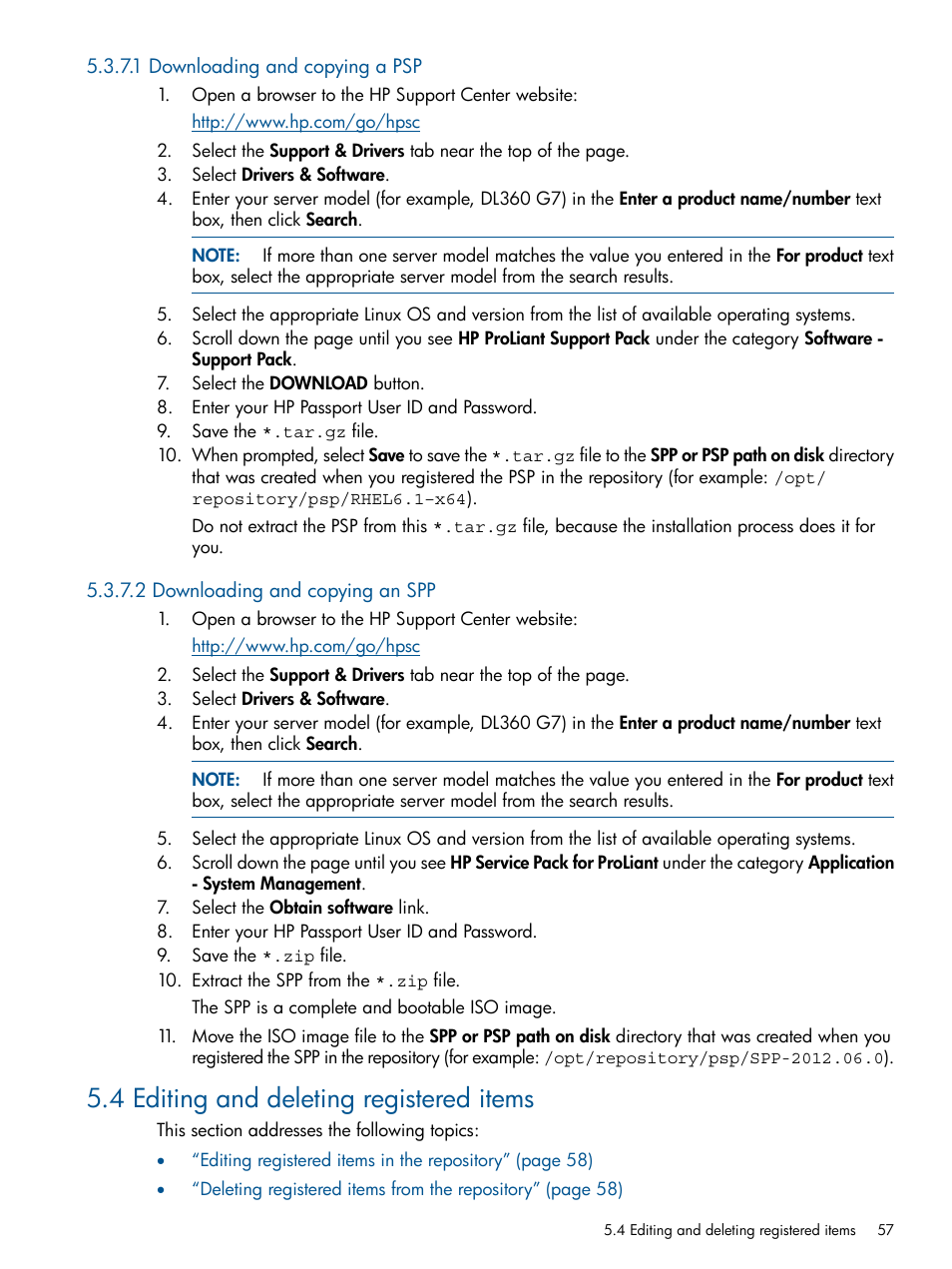 1 downloading and copying a psp, 2 downloading and copying an spp, 4 editing and deleting registered items | HP Insight Control Software for Linux User Manual | Page 57 / 273