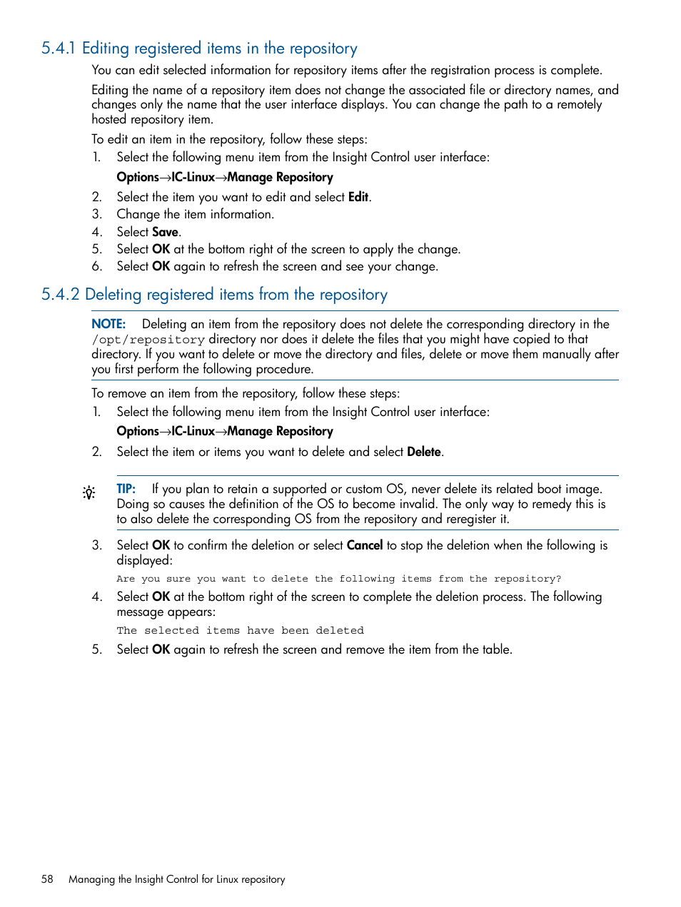 1 editing registered items in the repository, 2 deleting registered items from the repository | HP Insight Control Software for Linux User Manual | Page 58 / 273