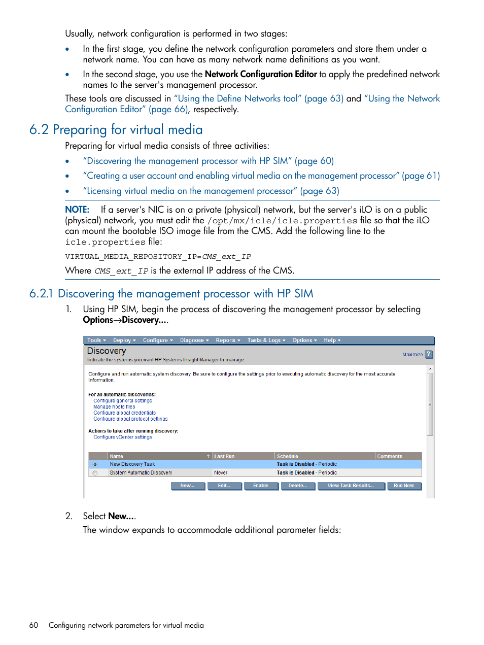 2 preparing for virtual media, 1 discovering the management processor with hp sim, Preparing for virtual media | HP Insight Control Software for Linux User Manual | Page 60 / 273