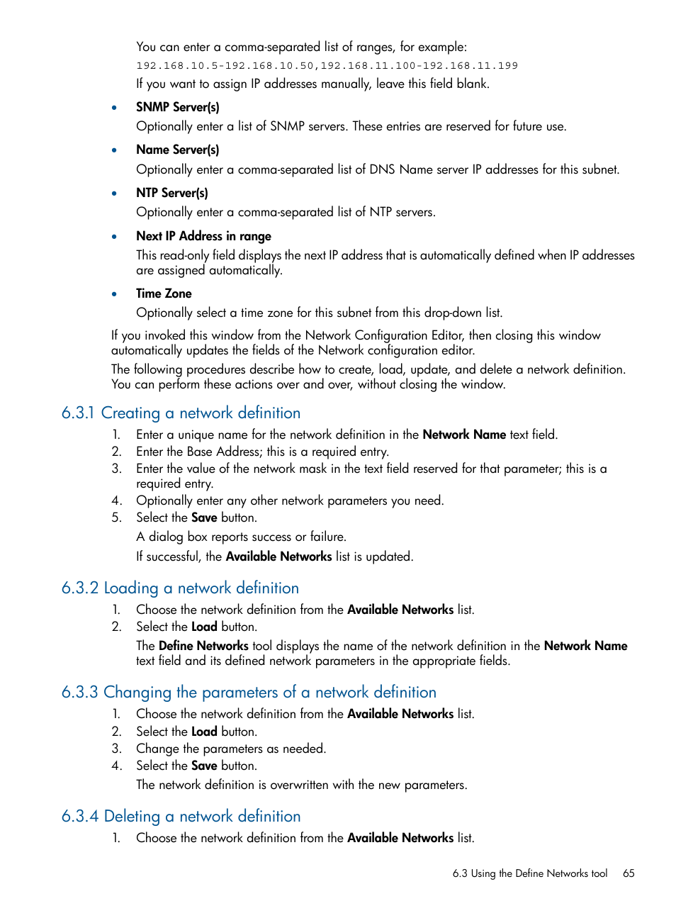 1 creating a network definition, 2 loading a network definition, 3 changing the parameters of a network definition | 4 deleting a network definition | HP Insight Control Software for Linux User Manual | Page 65 / 273